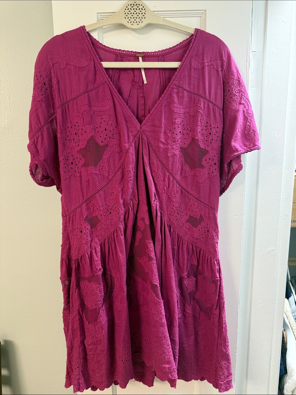 Free People magenta Embroidered V-Neck Tunic
